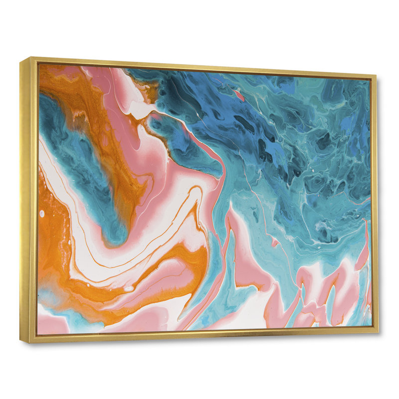 Bleu et rose clair, marbre liquide - peinture sur toile, H 16 po x l 32 po x P 1 po, Cadre flottant doré