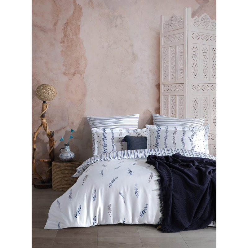 Ensemble de housse de courtepointe en satin, Courtepointe simple + 1 taie d'oreiller standard, Motif floral bleu/blanc