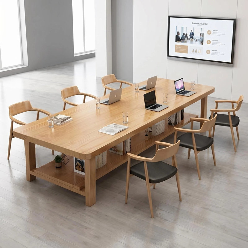 Table de conférence en bois massif avec espace de rangement double couche, grande table de réunion rectangulaire moderne