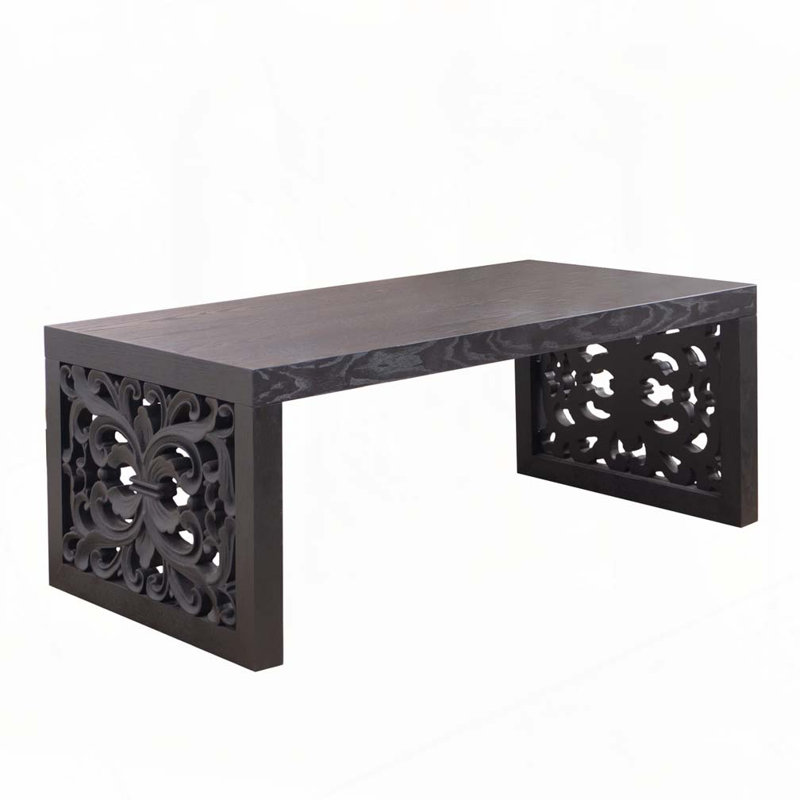 47.2-inch Rustic Carved Solid Wood Coffee Table, Black