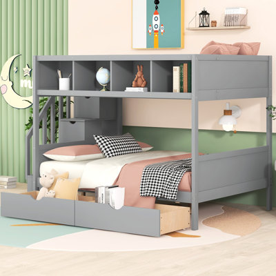 Lit simple superposé au dessus d'un lit double, gris avec tablettes, escalier de rangement et 2 tiroirs. Idéal pour un lit de chambre à coucher fonctionnel dans une tablette, des tiroirs - Créez un espace confortable et pratique