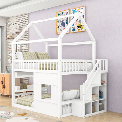 Full Over Full Wooden House Bed With LED Light, Shelves, Storage Stair And Guardrails