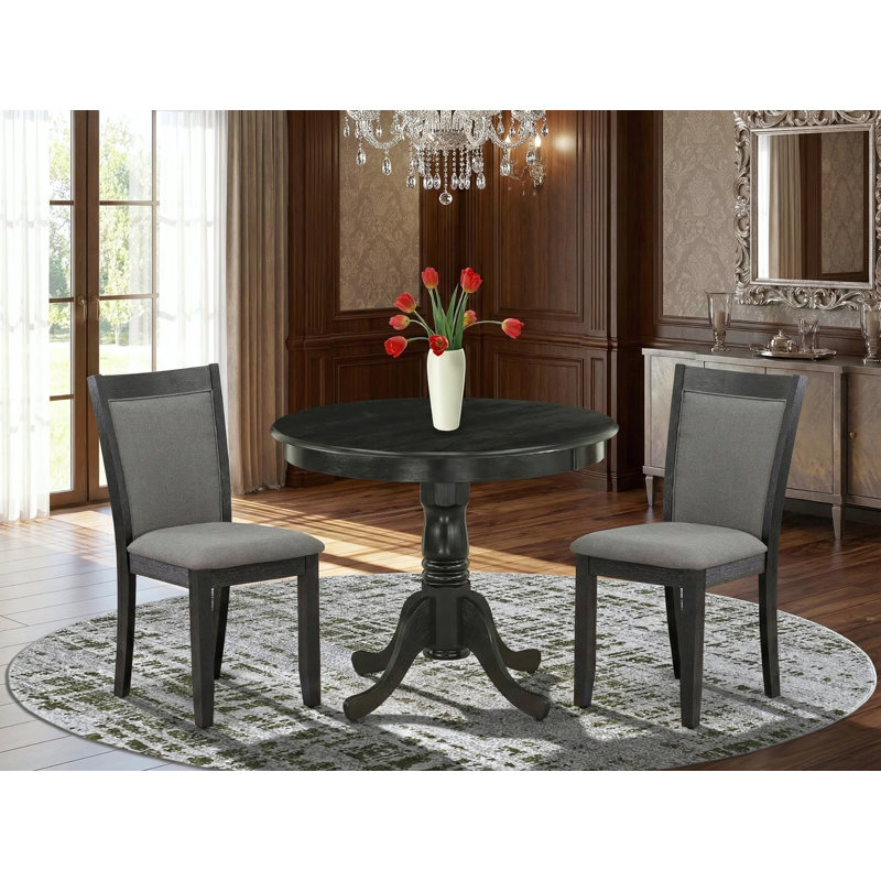 3-Piece Dinette Room Set Consists of a Wooden Dining Table and 2 Dark Gotham Grey Linen Fabric Upholstered Dining Chairs - Wire Brushed Black Finish