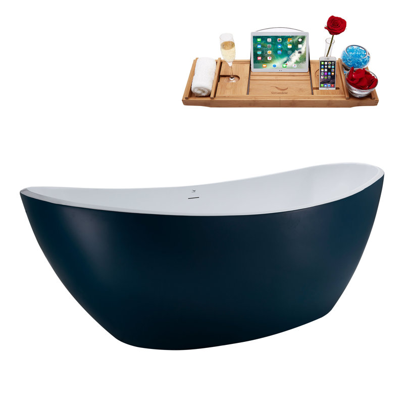 Baignoire de trempage autoportante en acrylique 75 "avec drain et plateau en bambou Streamline, Bronze huilé mat