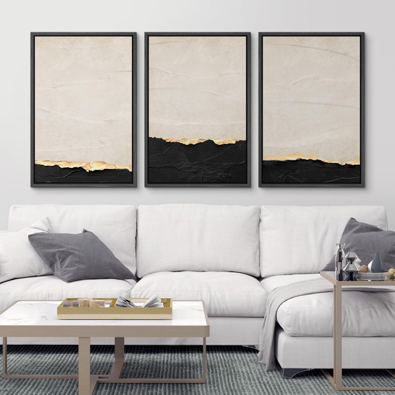 "Abstrait minimaliste doré et noir, illustrations, art moderne, salon, bureau de chambre à coucher", 3 pièces, null, null