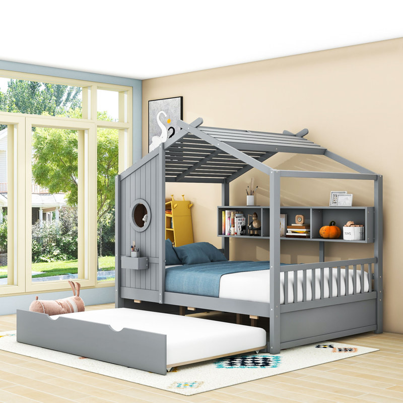 Lit en bois avec lit gigogne simple et tablettes de rangement, Gris, Double
