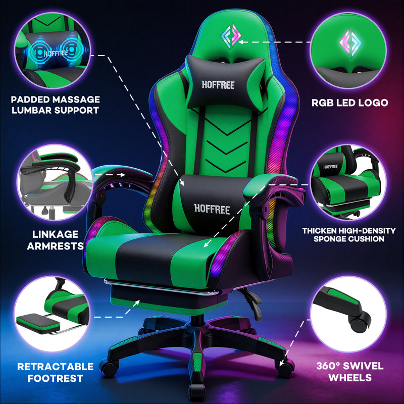 Gaming Chair With Speakers, Video Game Chair With Music Rhythm RGB LED Lights, Ergonomic Comfortable Office Computer Chair For Adults, Adjustable Reclining Chair With Footrest