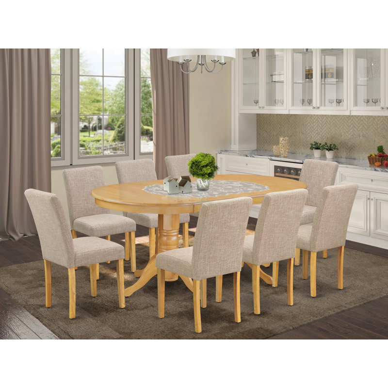 9 Piece Dining Table Set Includes an Oval Dining Room Table with Butterfly Leaf and 8 Light Tan Linen Fabric Parsons Chairs, Oak