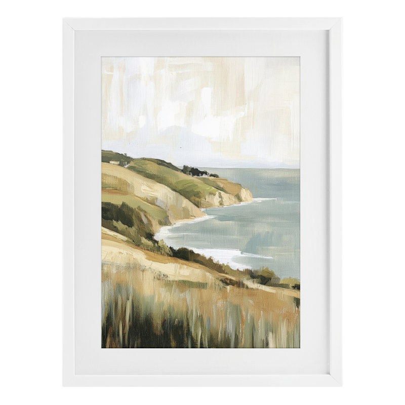 «Serene Cliff Coast Landscape», reproduction d'art sous verre encadrée par Petal Prints Design, 23 x 17