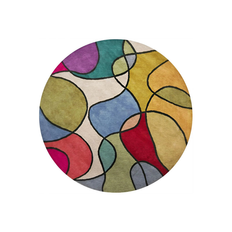 Light Tone Multicolored Mixed Shape Section Patterned Modern Woven Base Round Decorative Carpet, Round 2'8"