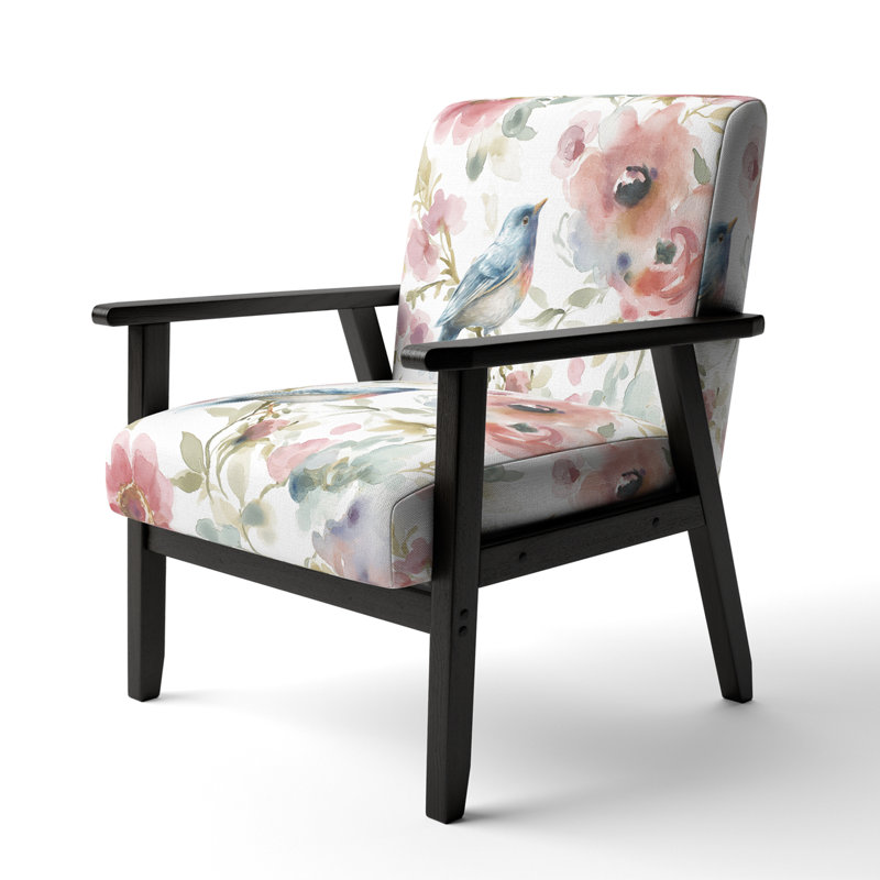 Beautiful Bird Romance I - Upholstered Traditional Accent Arm Chair, White Polyester Blend, Black