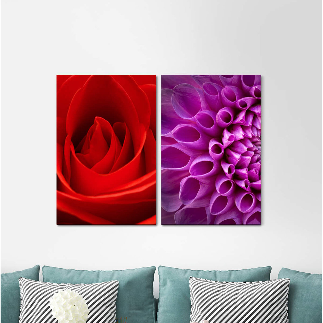 2-tlg. Leinwandbilder-Set - Fotografie „Dahlia Rose Red Violet Romantic”