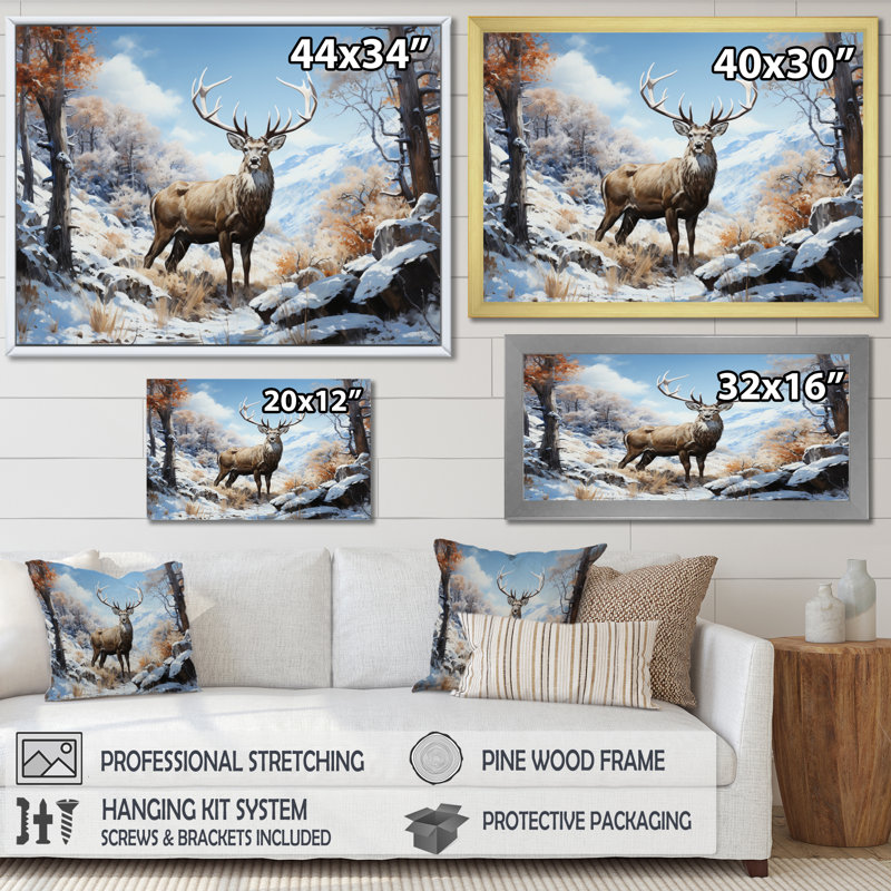 «Deer Winters Elegance» sur impression sur toile, Cadre simple blanc, H 12 po x l 20 po x P 1 po