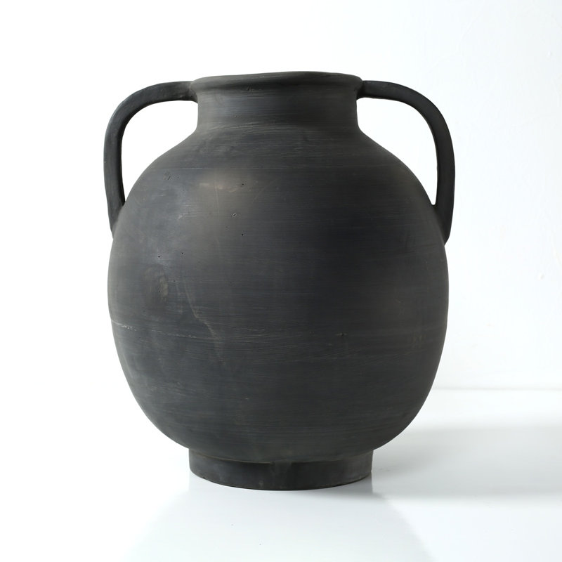 Approx.14" Pottery Vase with Two Decorative Handles Warm Soil Tone (6.3" Opening), 14" H x 13" W x 13" D, Black