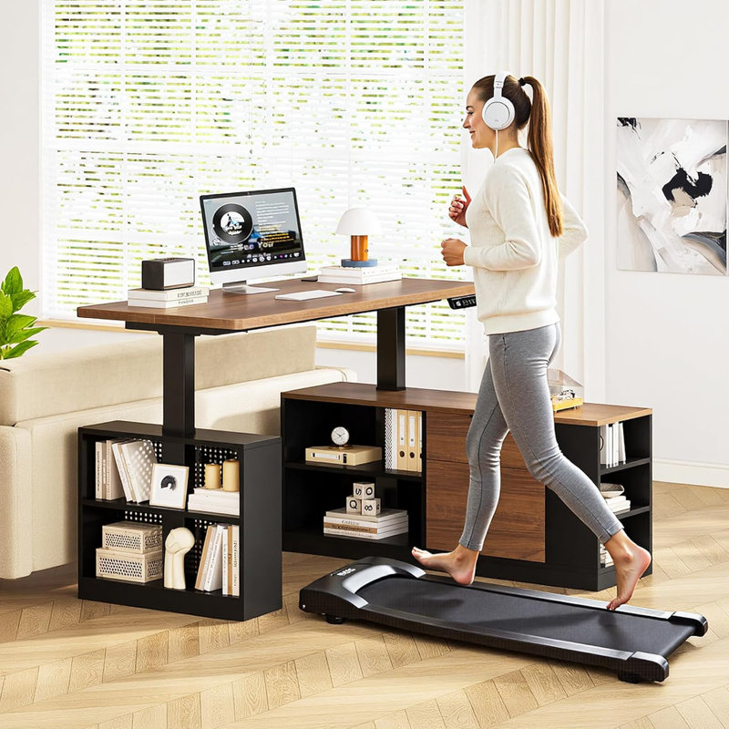 L Shaped Standing Desk, 53" Adjustable Corner Desk With Storage Drawers And Pegboard, Standing Computer Desks With Power Outlets For Home Office, Walnut