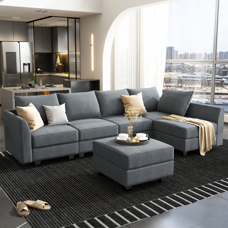 Tremee U shaped Upholstered Modular Sectional Storage Sofa Couch, Bluish Polyester Blend