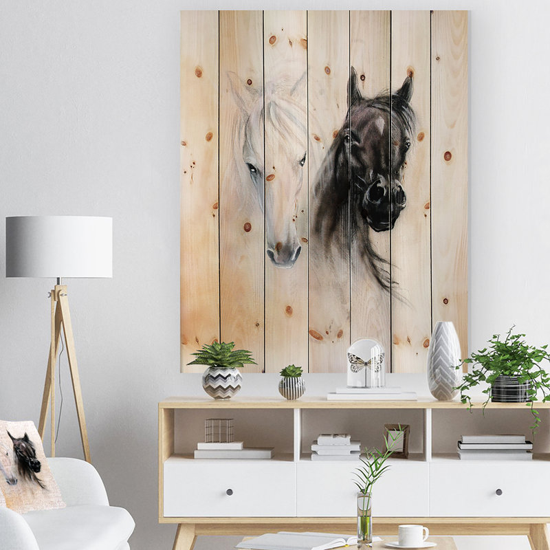 Têtes de cheval noir et blanc - Décoration murale traditionnelle en bois - Bois de pin naturel, H 32 po x l 16 po x P 1 po