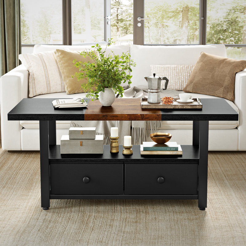 Wynny Farmhouse Wood Coffee Table, Small Cocktail Table with 2 Drawers, Brown/Black