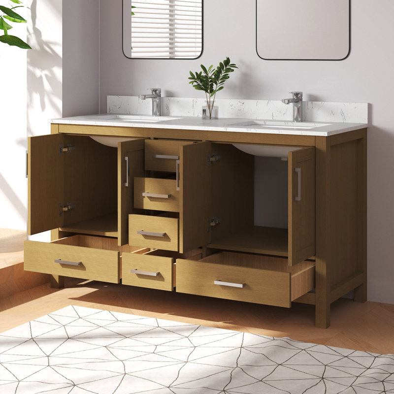 Meuble-lavabo simple Felix 60'' entièrement assemblé avec comptoir et dosseret en marbre reconstitué., Chêne, 60"