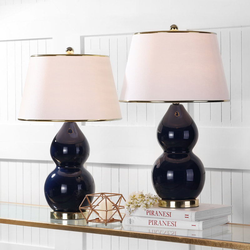 Navy Ceramic Double Gourd Table Lamp Set with Off-White Shades