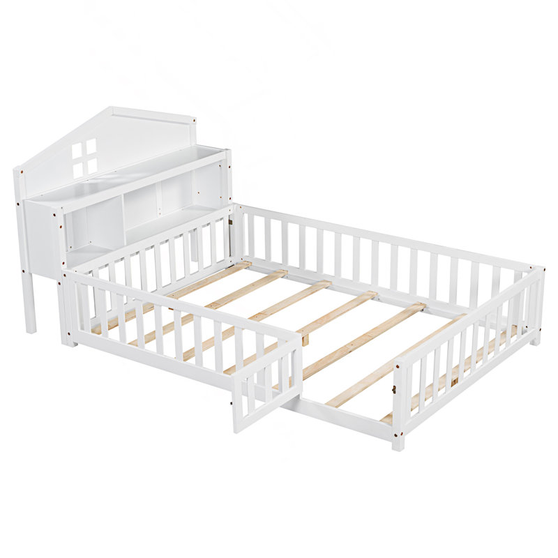 Full-Size Floor Bed With Bookcases And Blackboards, Versatile Platform Bed With Guard Rails, White