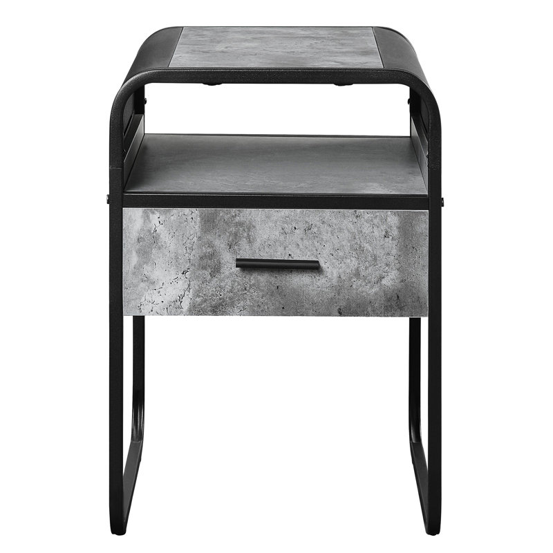 Table de bout en béton gris et noir pour le salon, tiroir spacieux et tablette d'exposition, bords courbés élégants, structure en métal 1 avec bords ouverts soutenus par