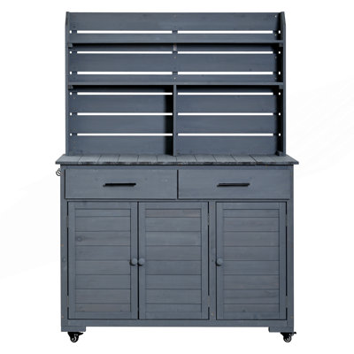 Large Garden Potting Bench With Lockable Wheel And Storage Cabinet, Outdoor Kitchen Island