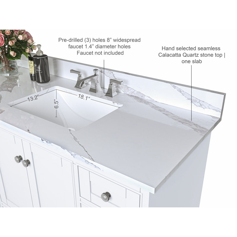 Audrey 84'' Free Standing Double Bathroom Vanity with Calacatta Quartz Top, White, Brushed Nickel