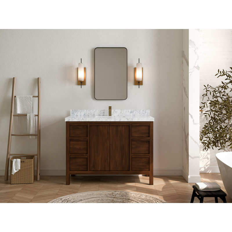 Ensemble de meuble-lavabo simple 48 po Teak, Marbre de Carrare