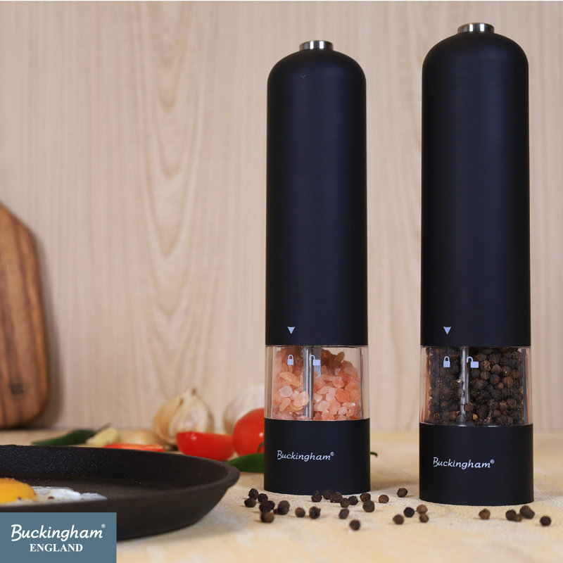 Buckingham Electric Salt & Pepper Set Matte Black Soft Touch Push Button Battery Operated 