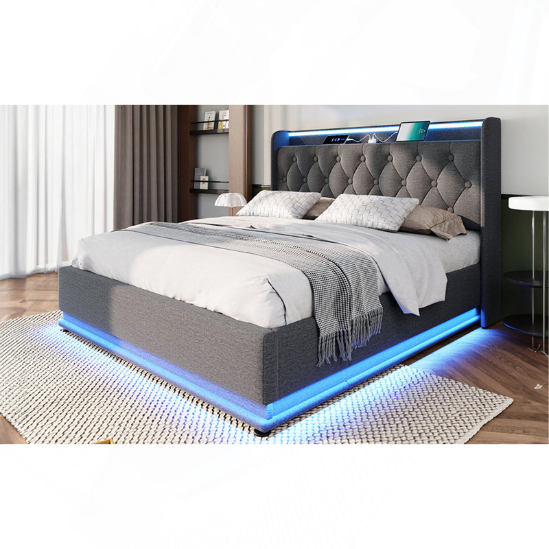Lit tapissier avec rangement, lumières RVB et ports USB, Grand, Noir