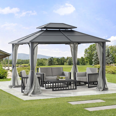 Sunjoy Hardtop Gazebo 10 x 12 ft. Outdoor Gazebo, Heavy Duty Steel Frame Gazebo, Double Roof Metal Gazebo with Ceiling Hook and Removable Netting Sidewalls