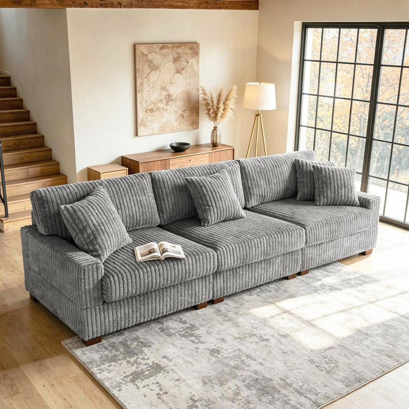 3 - Piece Upholstered Light Gray Faux Rabbit Fur Flannel Modular Sectional Sofa with Armrests & Throw Pillows, Light Gray