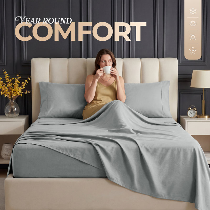 Beddora Queen 4 Piece Sheet Set Bundle of 2, Soft Brushed Microfiber Bed Sheets with Deep Pocket Fitted Sheet, Breathable Cooling Bedding, Light Grey