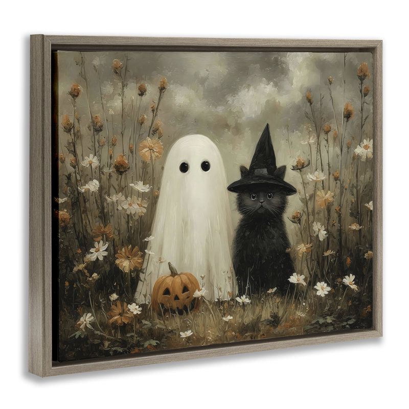 Cadre flottant fantôme et chat noir, design par Arlington Prints, Cadre flottant orme Montalcino, H 17 po x l 21 po