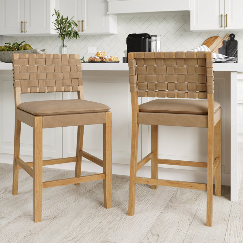 Woven Faux Suede Counter Height Stool with Solid Wood Legs, 2-Pack, Light Brown Leather/Warm Pine Frame, 2