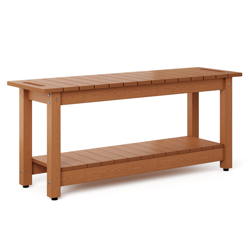 41" Shower Bench, HIPS Waterproof Bathroom Stool Seat, All-Weather Indoor/Outdoor Bench with Shelf and Non-Slip Feet, Teak