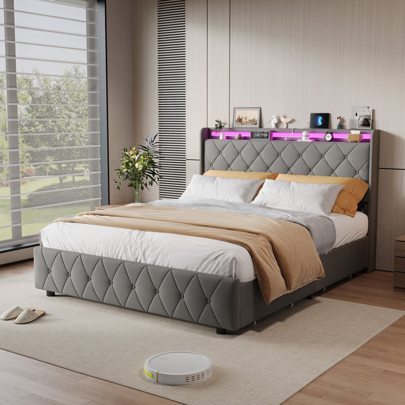 Upholstered Storage Bed, European Double (140 x 200 cm), Grey