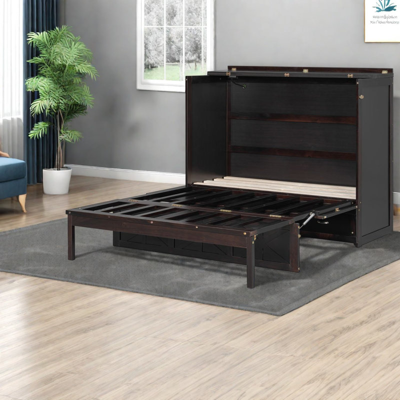 Lit escamotable double gain de place avec rangement, meuble de rangement moderne en bois MDF, Espresso