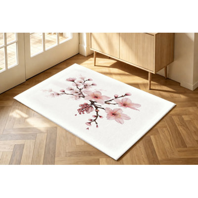 Tapis floral aquarelle cerisier en fleurs rose, tapis antidérapant lavable à la machine, décoration intérieure confortable pour le salon, la chambre à coucher, le vestibule, la cuisine, le balcon, l’appartement