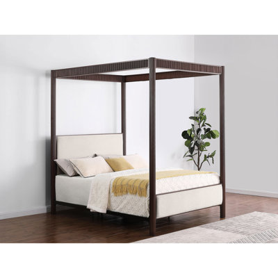 Rust Brown Metal Eastern King Canopy Bed Featuring Beige Upholstered Head And Foot Areas, Open - Frame For Airy Ambiance, Grooved Posts Detail With Headboard , Frame A Bedroom Luxurious Touch