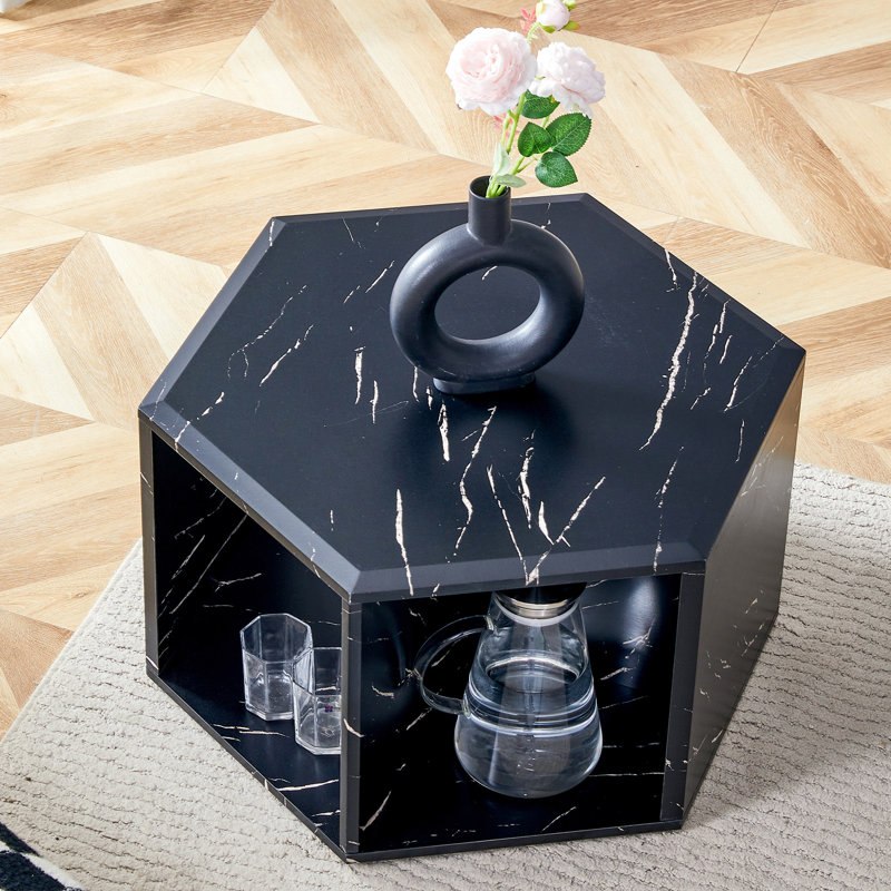 Table basse hexagonale avec aspect marbre noir, rangement multi-trous, design épuré et moderne, options de couleurs disponibles