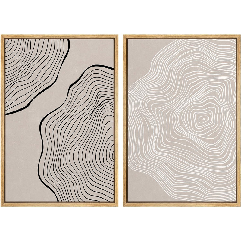 «Black Tan White Tree Wood Ring Collage Nature Modern Art Rustic On Canvas», reproduction de 2 pièces, Cadre naturel flottant