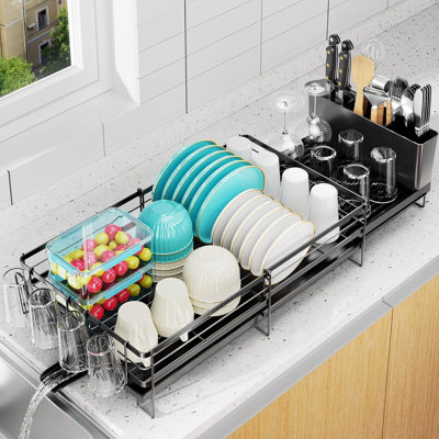 Expandable Dish Drying Rack With Drainboard, Multifunctional Kitchen Counter Organizer With Utensil And Cup Holder, Adjustable Dish Drainer For Plates Bowls And Cutlery