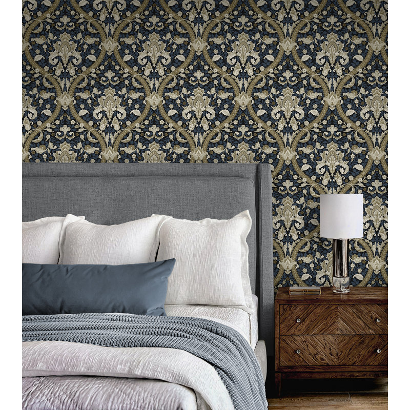 Papier peint adhésif Acanthus Ogee, Bleu / Beige