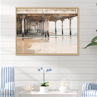 Minimalism Beige Pier Horizon I - Coastal Pier Large Wall Art