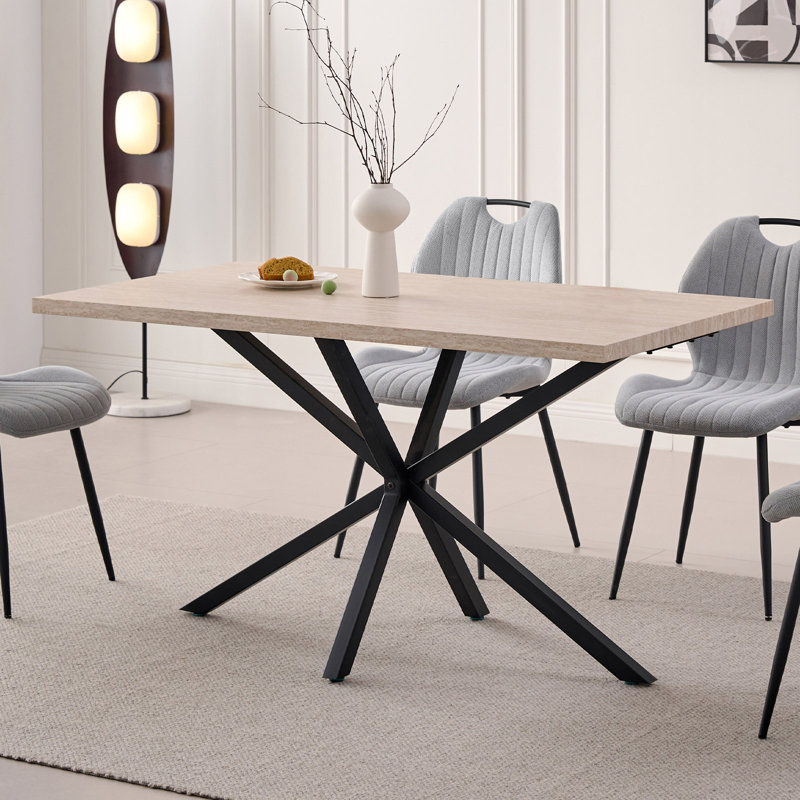 55.1" Rectangle Dining Table for 2 4, Small Mid Century Modern Kitchen Table with Metal Cross Legs for Apartment, Dining Room