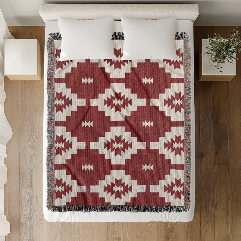 Jeté en mélange de coton Hinto South Western, Rouge/blanc cassé, L 60 po x l 60 po