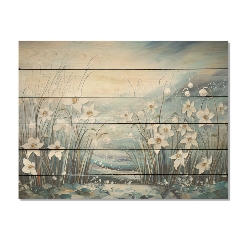 «Snowdrop Flowers Field In Winter I - Snowdrops», art mural sur bois de pin naturel, H 24 po x l 32 po