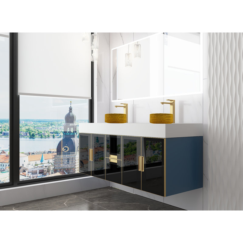 Meuble-lavabo mural moderne de luxe avec comptoir à surface solide de 60 po et lavabo vasque rond en verre, Or